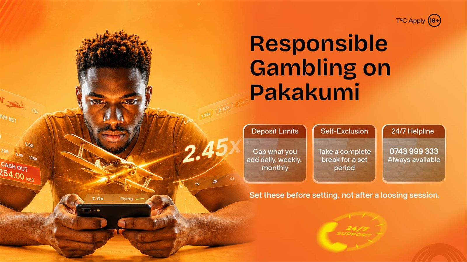Diagram of Pakakumi's three responsible gambling tools: deposit limits, self-exclusion, and 24/7 helpline